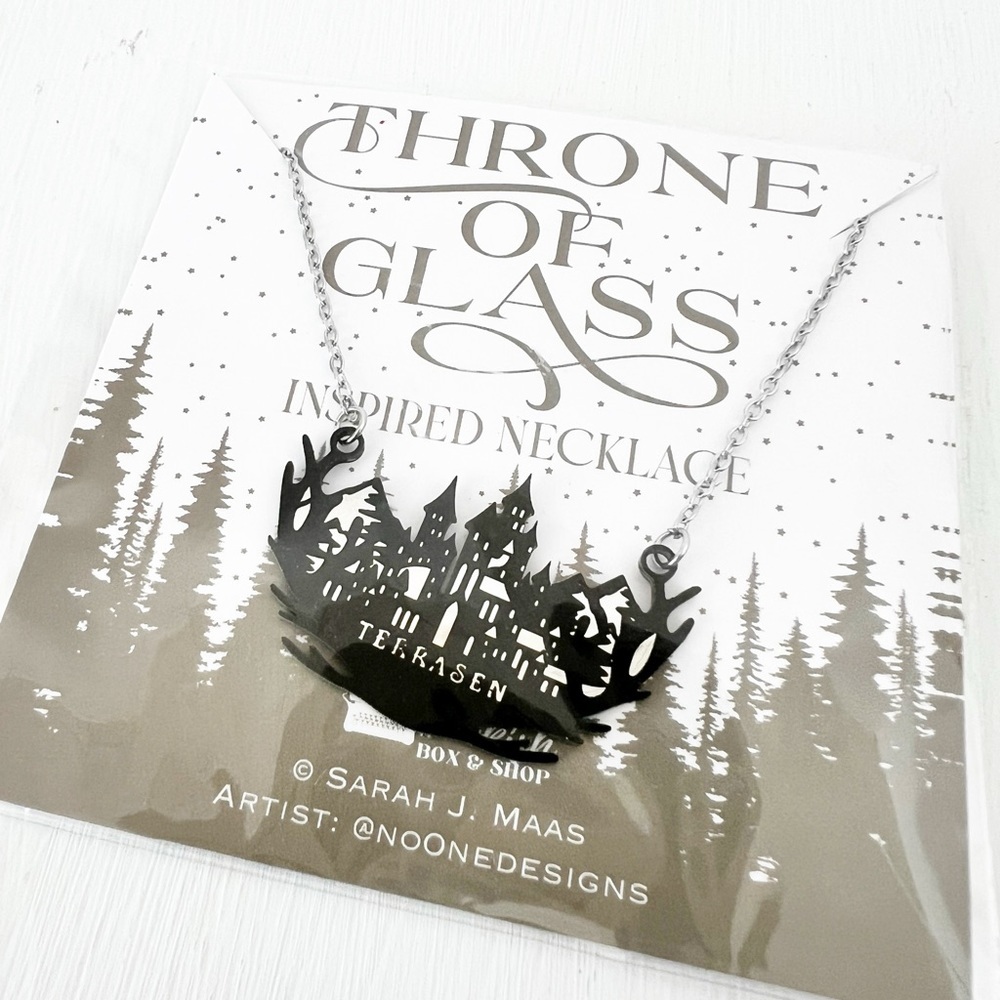 Bookish Box Throne of Glass Necklace Black Silver Terrasen Kingdom Silhouette